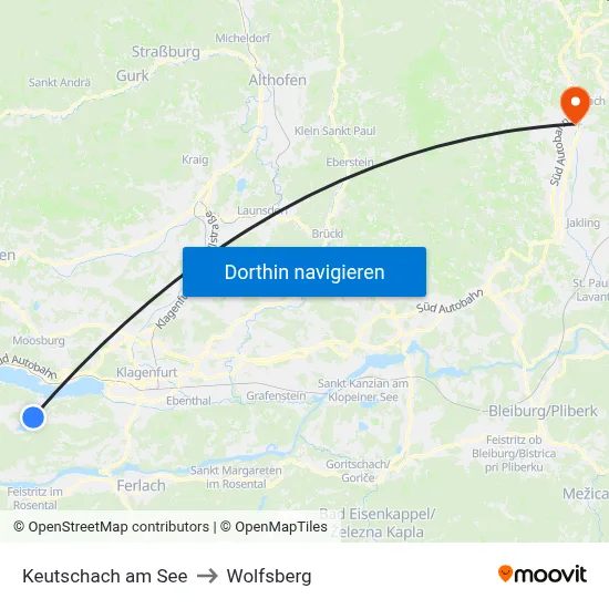 Keutschach am See to Wolfsberg map