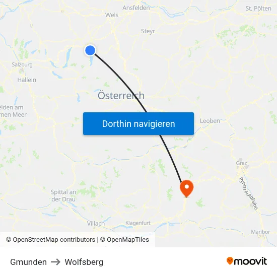 Gmunden to Wolfsberg map