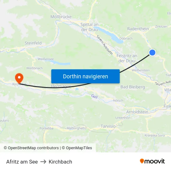 Afritz am See to Kirchbach map