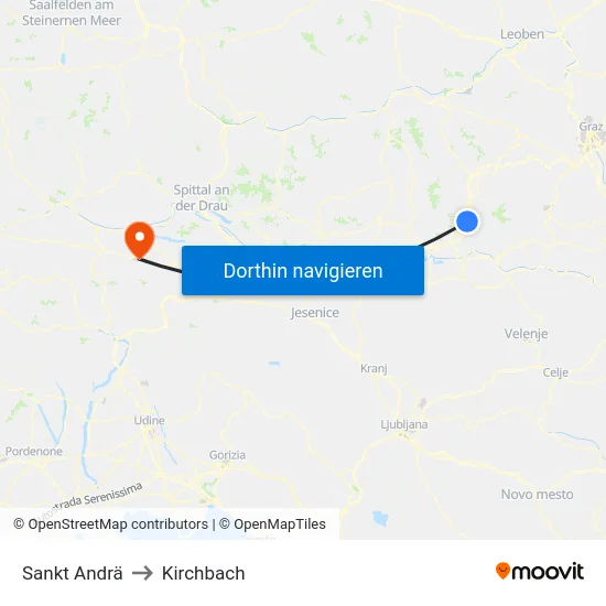 Sankt Andrä to Kirchbach map