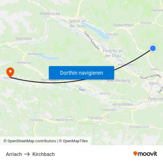 Arriach to Kirchbach map