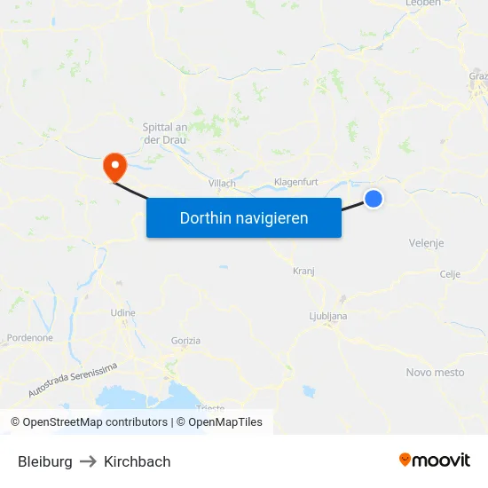 Bleiburg to Kirchbach map