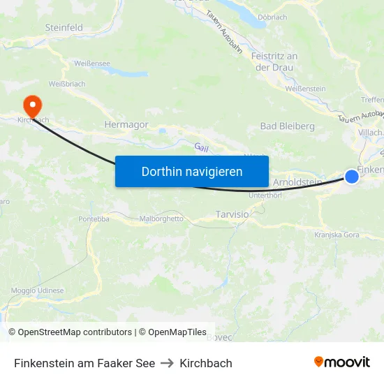 Finkenstein am Faaker See to Kirchbach map