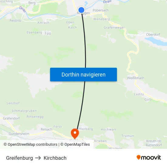 Greifenburg to Kirchbach map