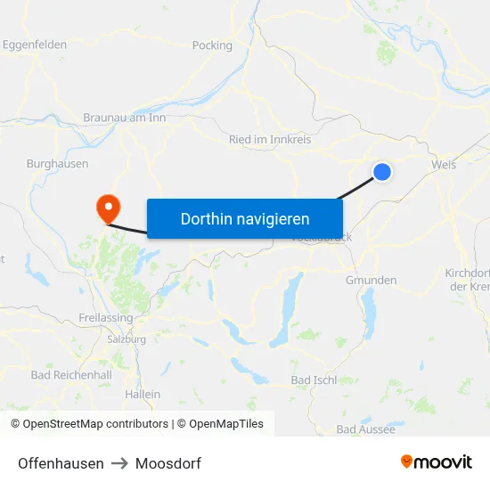Offenhausen to Moosdorf map