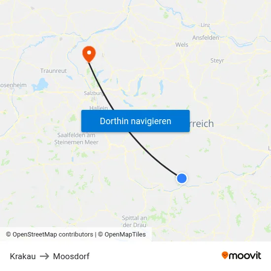 Krakau to Moosdorf map