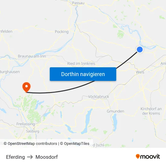 Eferding to Moosdorf map