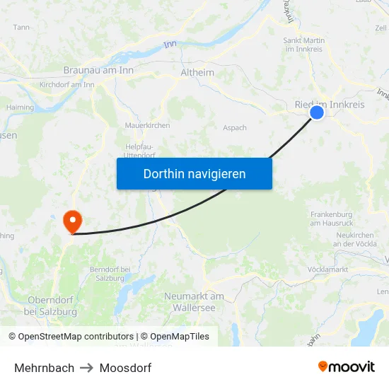 Mehrnbach to Moosdorf map
