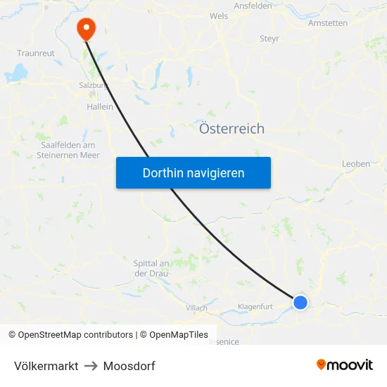 Völkermarkt to Moosdorf map