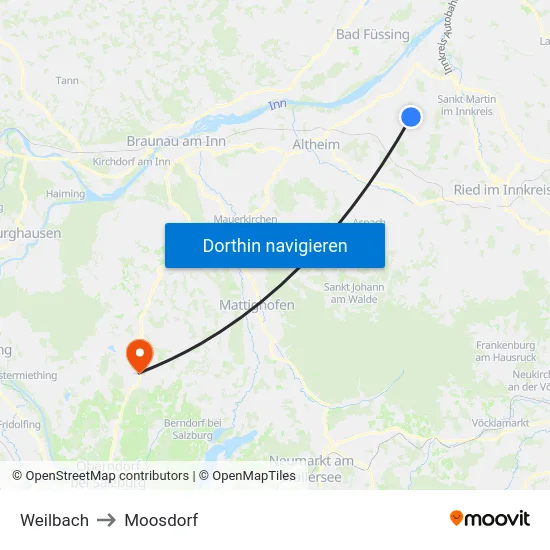 Weilbach to Moosdorf map