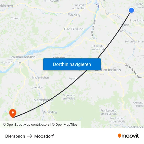 Diersbach to Moosdorf map