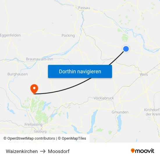 Waizenkirchen to Moosdorf map