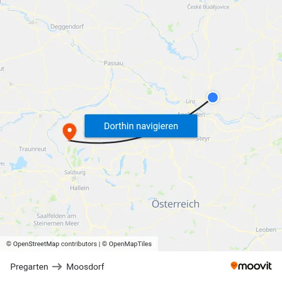 Pregarten to Moosdorf map