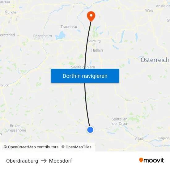 Oberdrauburg to Moosdorf map