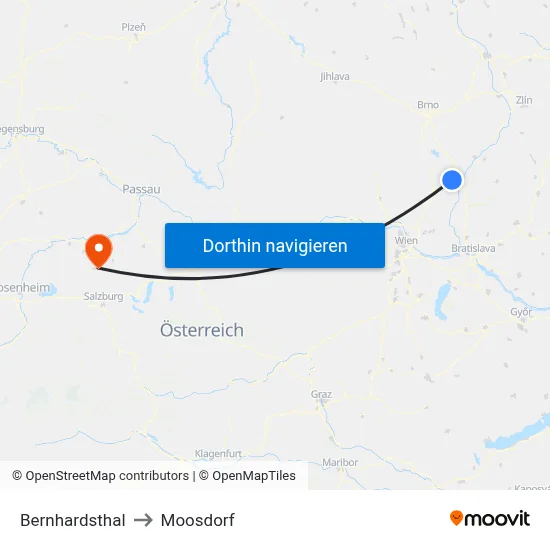 Bernhardsthal to Moosdorf map