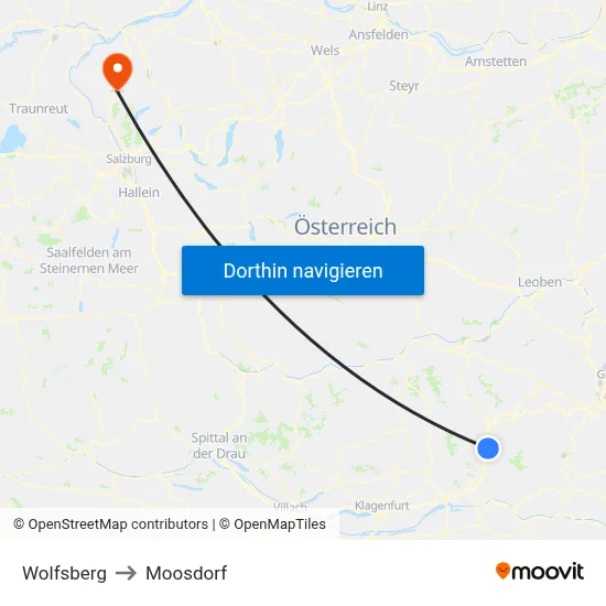 Wolfsberg to Moosdorf map