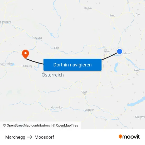 Marchegg to Moosdorf map