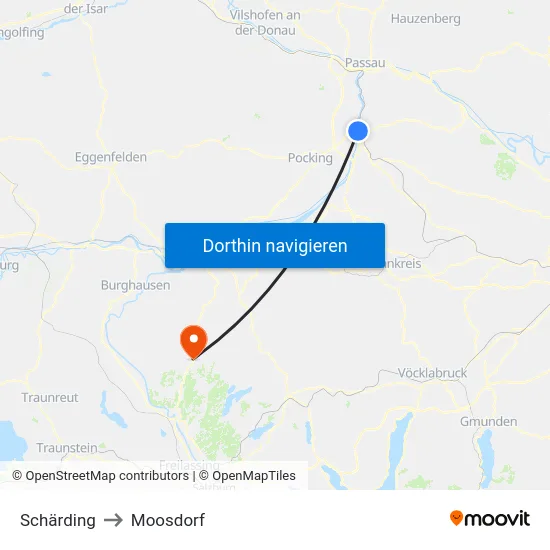 Schärding to Moosdorf map