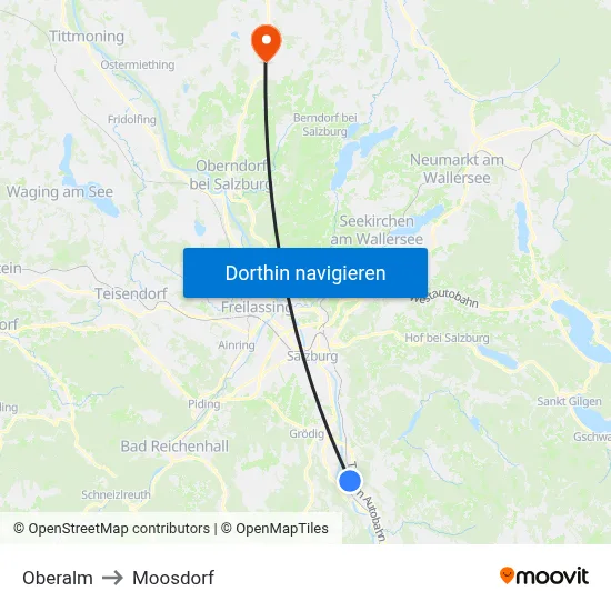 Oberalm to Moosdorf map