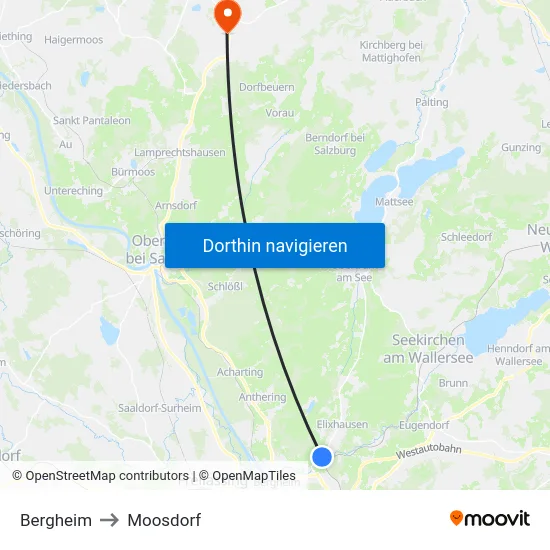 Bergheim to Moosdorf map