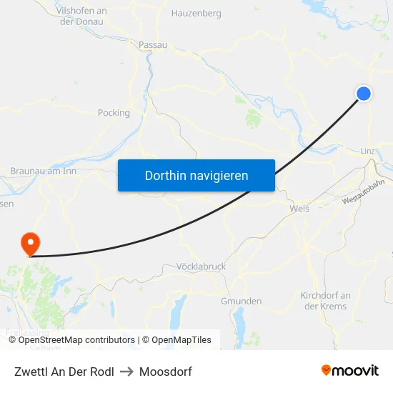 Zwettl An Der Rodl to Moosdorf map
