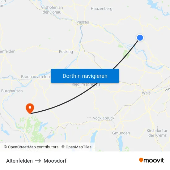 Altenfelden to Moosdorf map