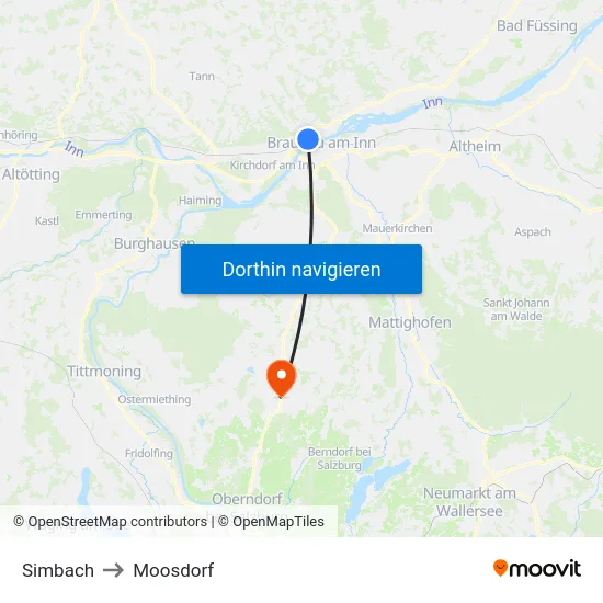 Simbach to Moosdorf map