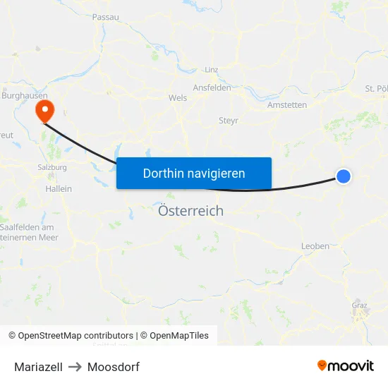 Mariazell to Moosdorf map