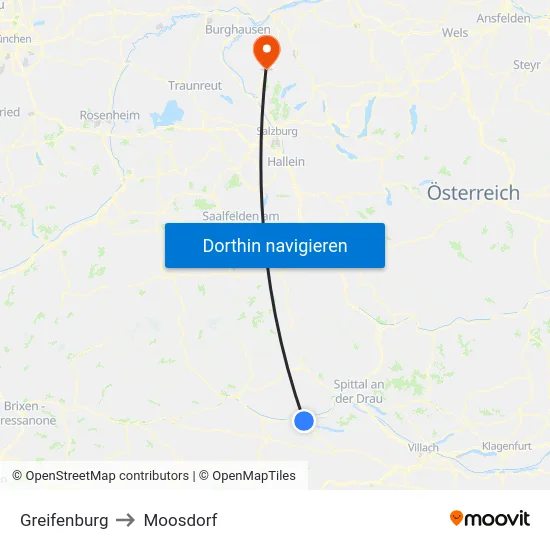 Greifenburg to Moosdorf map