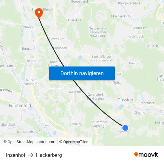 Inzenhof to Hackerberg map