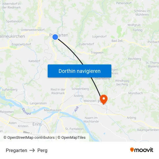 Pregarten to Perg map