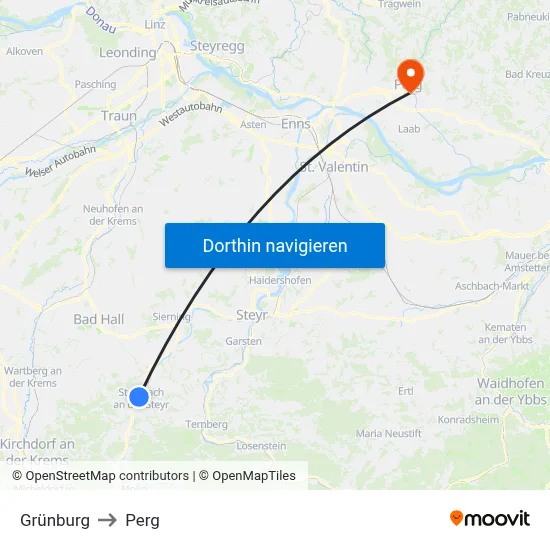 Grünburg to Perg map