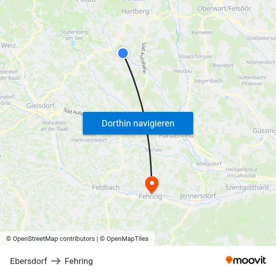 Ebersdorf to Fehring map