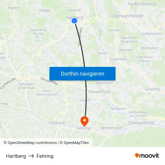 Hartberg to Fehring map