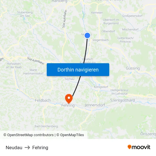 Neudau to Fehring map