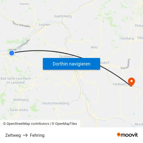 Zeltweg to Fehring map
