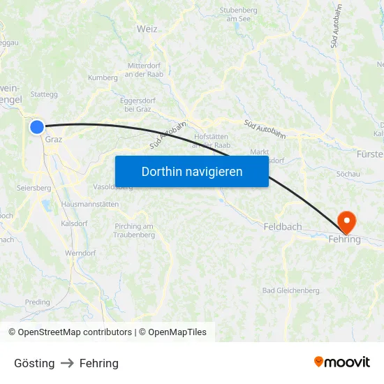 Gösting to Fehring map