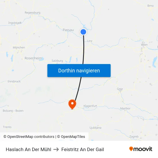 Haslach An Der Mühl to Feistritz An Der Gail map
