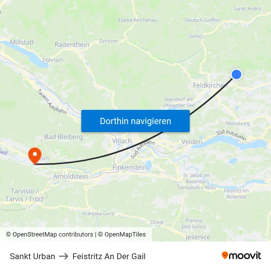 Sankt Urban to Feistritz An Der Gail map
