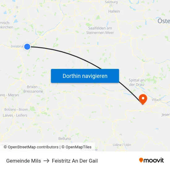 Gemeinde Mils to Feistritz An Der Gail map