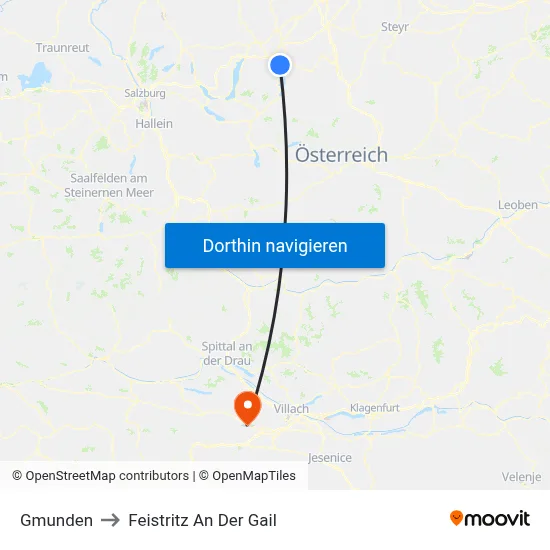 Gmunden to Feistritz An Der Gail map
