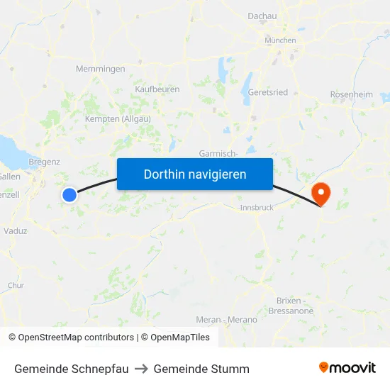 Gemeinde Schnepfau to Gemeinde Stumm map