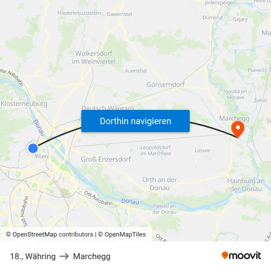 18., Währing to Marchegg map