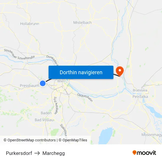 Purkersdorf to Marchegg map