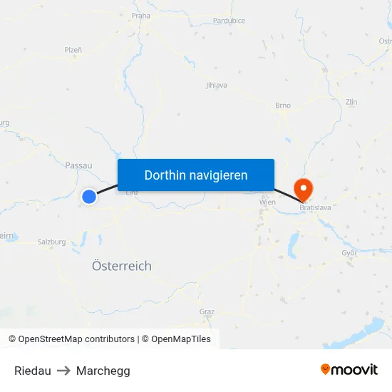 Riedau to Marchegg map