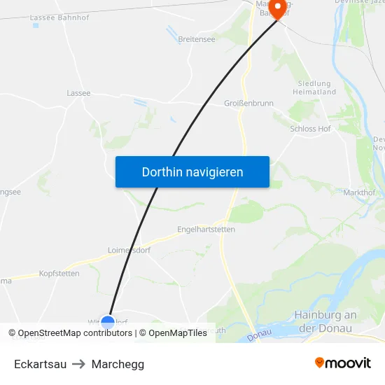 Eckartsau to Marchegg map