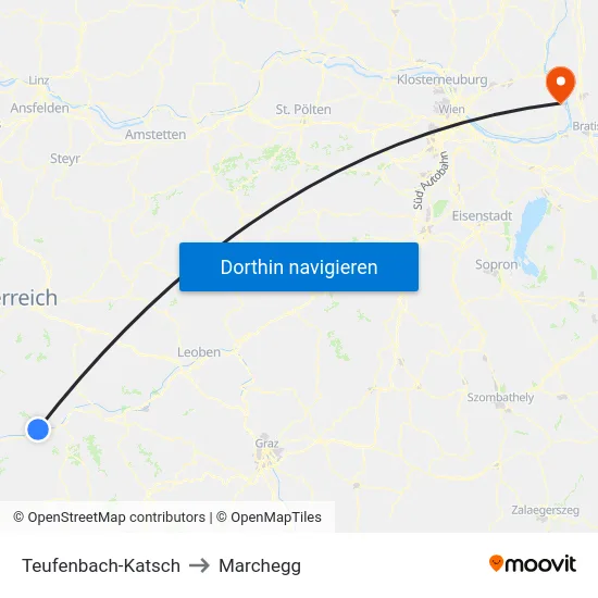 Teufenbach-Katsch to Marchegg map