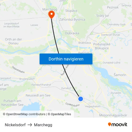 Nickelsdorf to Marchegg map