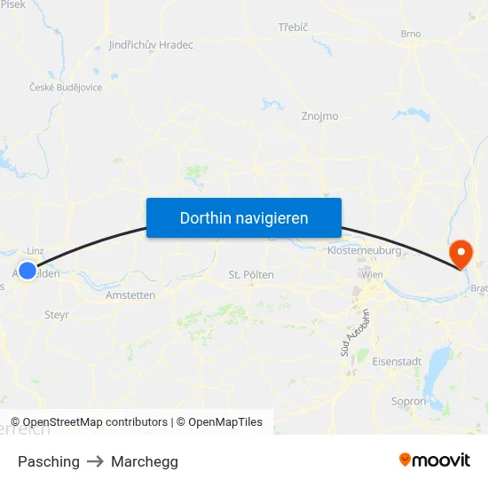 Pasching to Marchegg map