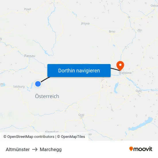 Altmünster to Marchegg map
